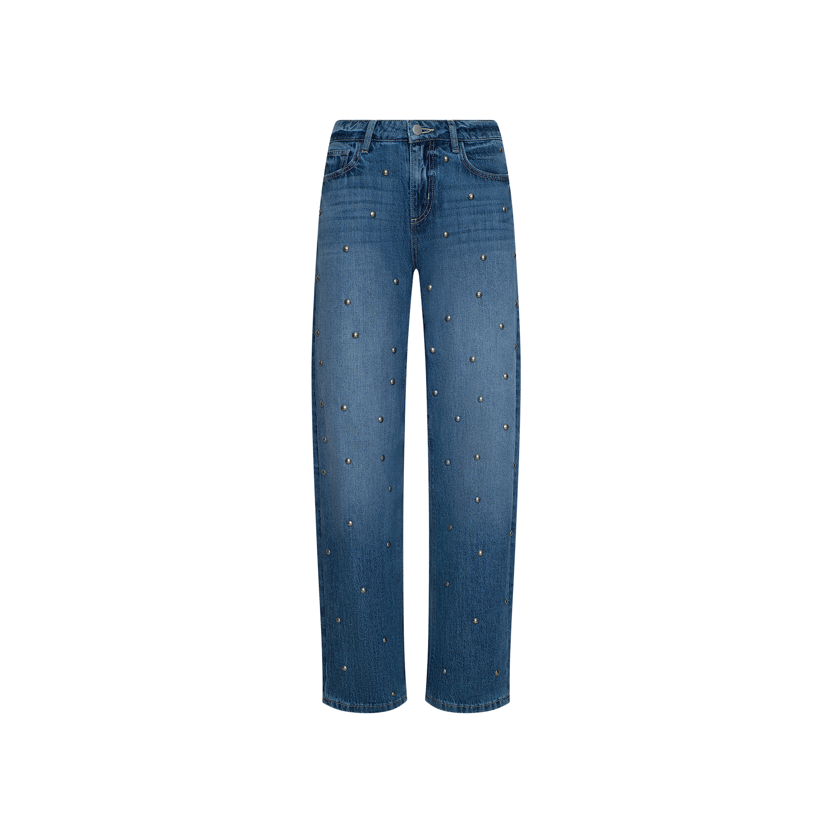 The Bex Studded Rodeo Jean is a high rise, blue straight-leg style with classic pockets and a button fly, featuring small, evenly spaced studded embellishments on the front denim. Displayed on a plain white background.
