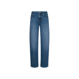Introducing the Bex Studded Rodeo Jean—a pair of blue straight-leg jeans with a mid-rise waist, adorned with an all-over pattern of small metallic studs for that bold studded denim style. These jeans feature front and back pockets, belt loops, and a button-zipper closure. Shown against a plain white background.