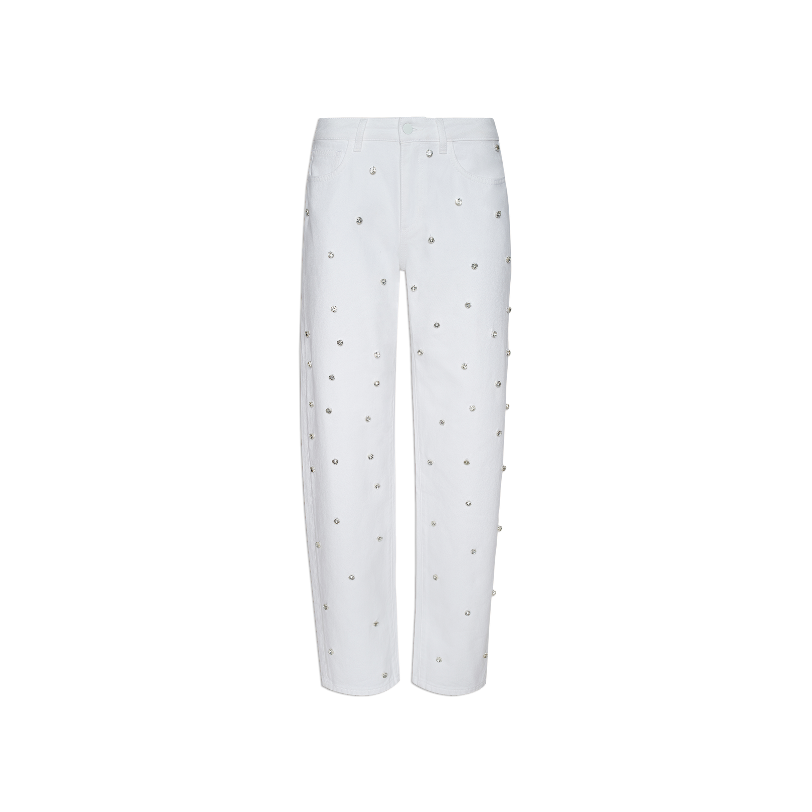 The “Bex Embellished Rodeo Jean” is a white, high-waisted denim featuring a straight leg cut and adorned with evenly spaced small silver grommet details across the front and sides. These high-rise jeans are displayed against a plain white background.