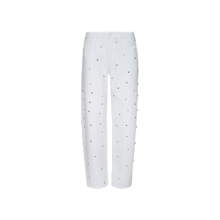 The Bex Embellished Rodeo Jean showcases white straight-leg denim adorned with an all-over pattern of small silver grommet embellishments. Featuring a high-rise fit inspired by classic rodeo jeans, these pants include traditional pockets and a crisp, bright background, taking crystal-embellished denim to new heights of style.
