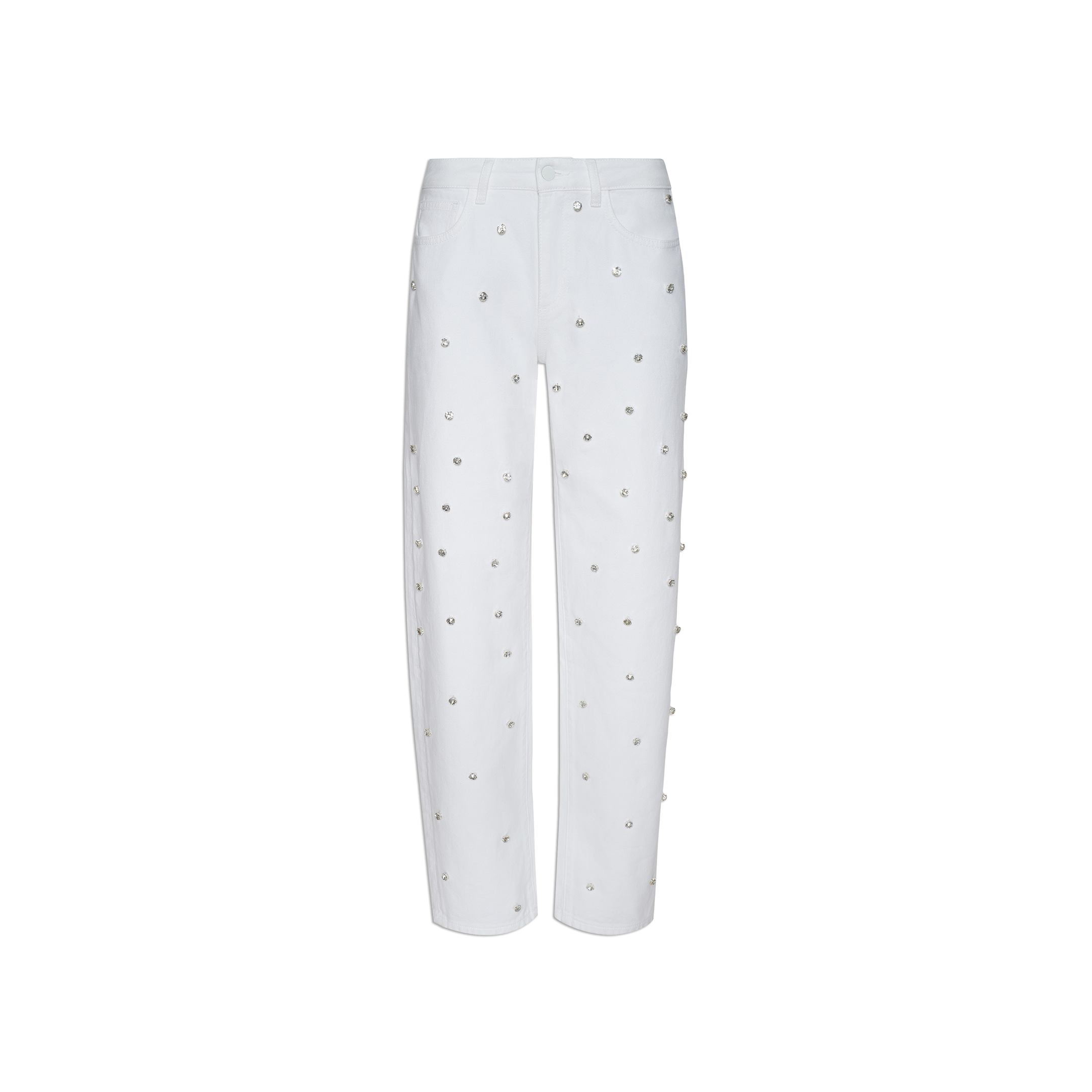 The “Bex Embellished Rodeo Jean” is a white, high-waisted denim featuring a straight leg cut and adorned with evenly spaced small silver grommet details across the front and sides. These high-rise jeans are displayed against a plain white background.