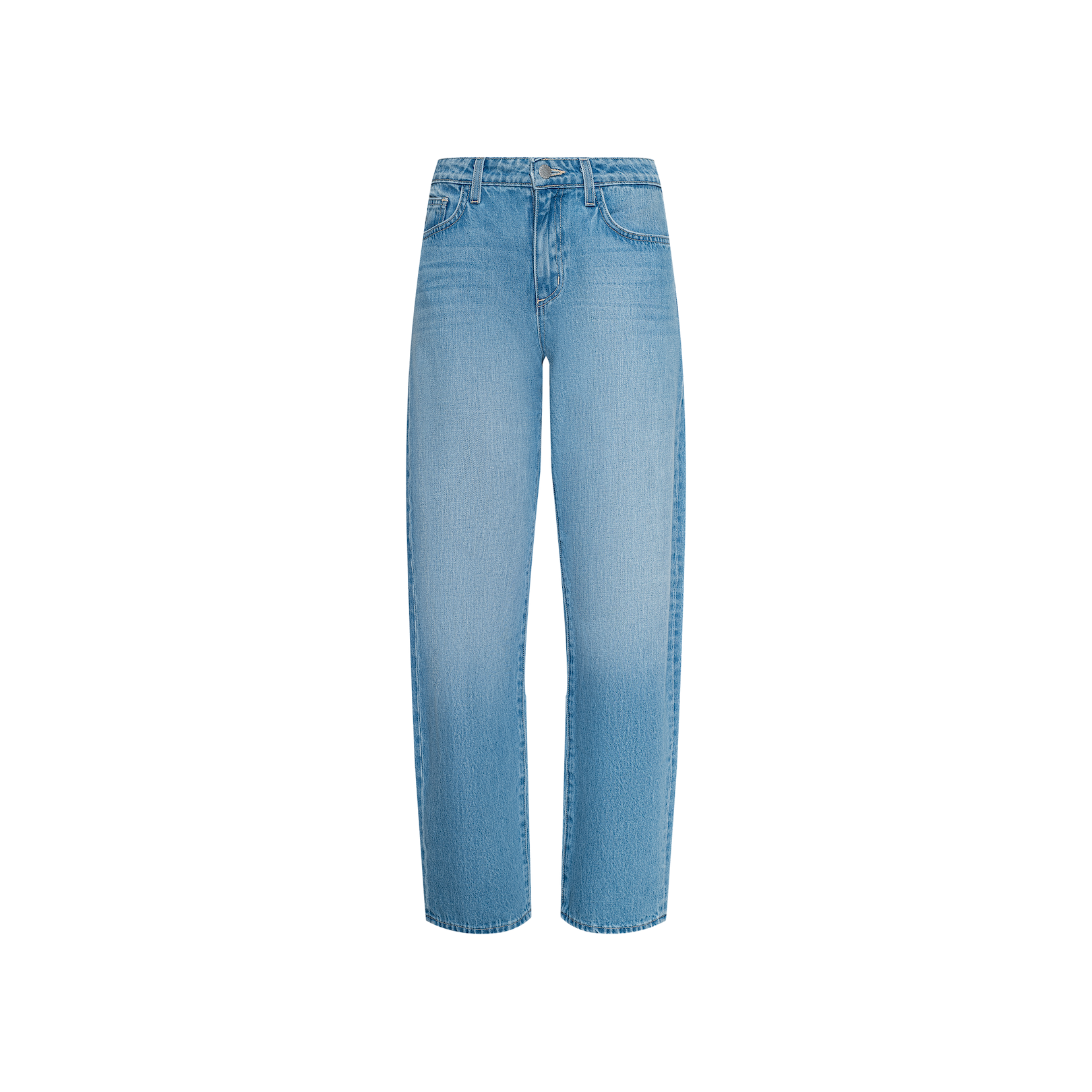 The Bex Rodeo Jean is a light blue, straight-leg denim jean made from 100 cotton, featuring a classic five-pocket design with button and zipper closure, shown against a plain white background.
