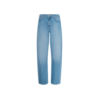 Bex Rodeo Jean in light blue displayed on a white background. Crafted from all-cotton denim, these straight-leg jeans feature a classic five-pocket design and a button closure at the waist.