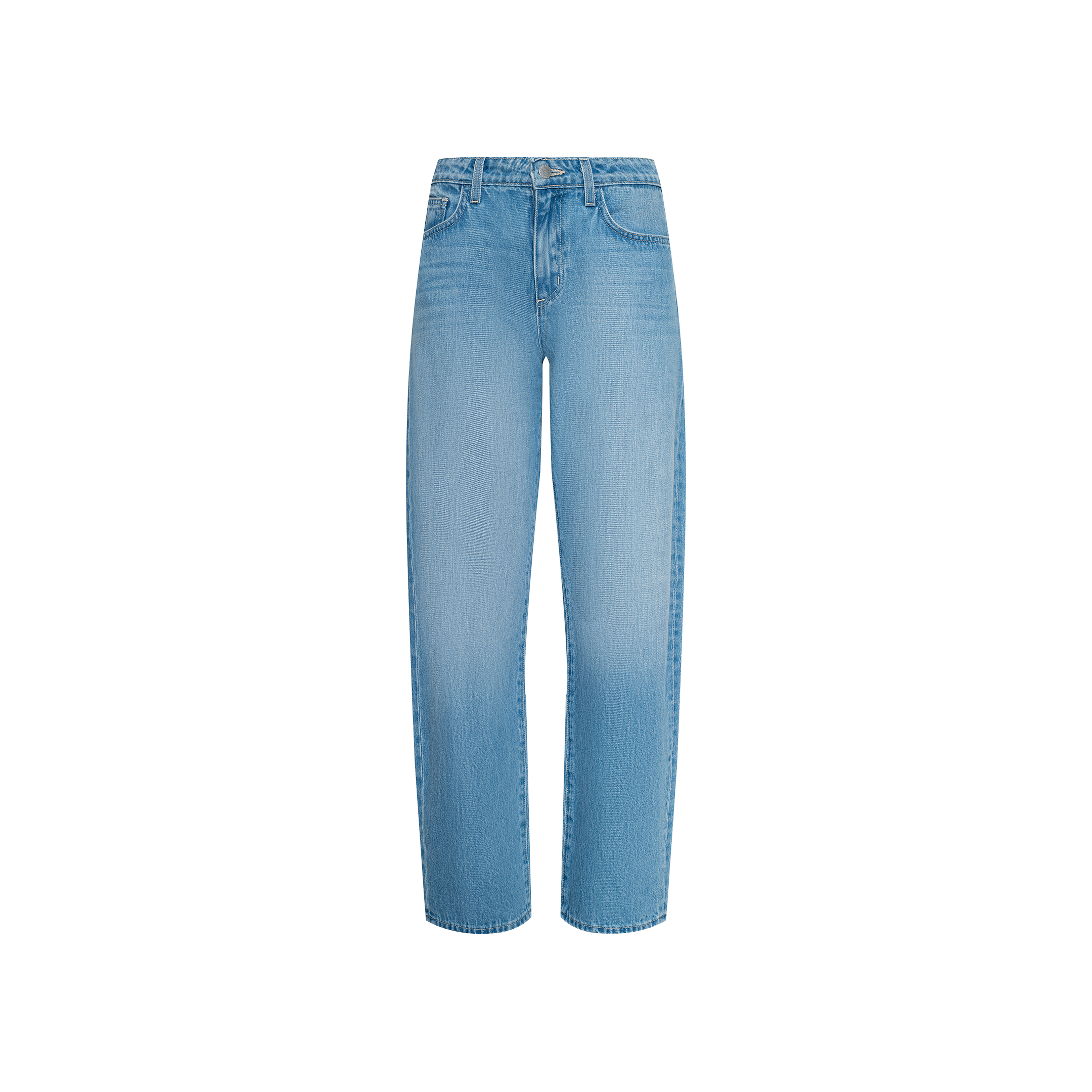 The Bex Rodeo Jean is a light blue, straight-leg denim jean made from 100 cotton, featuring a classic five-pocket design with button and zipper closure, shown against a plain white background.