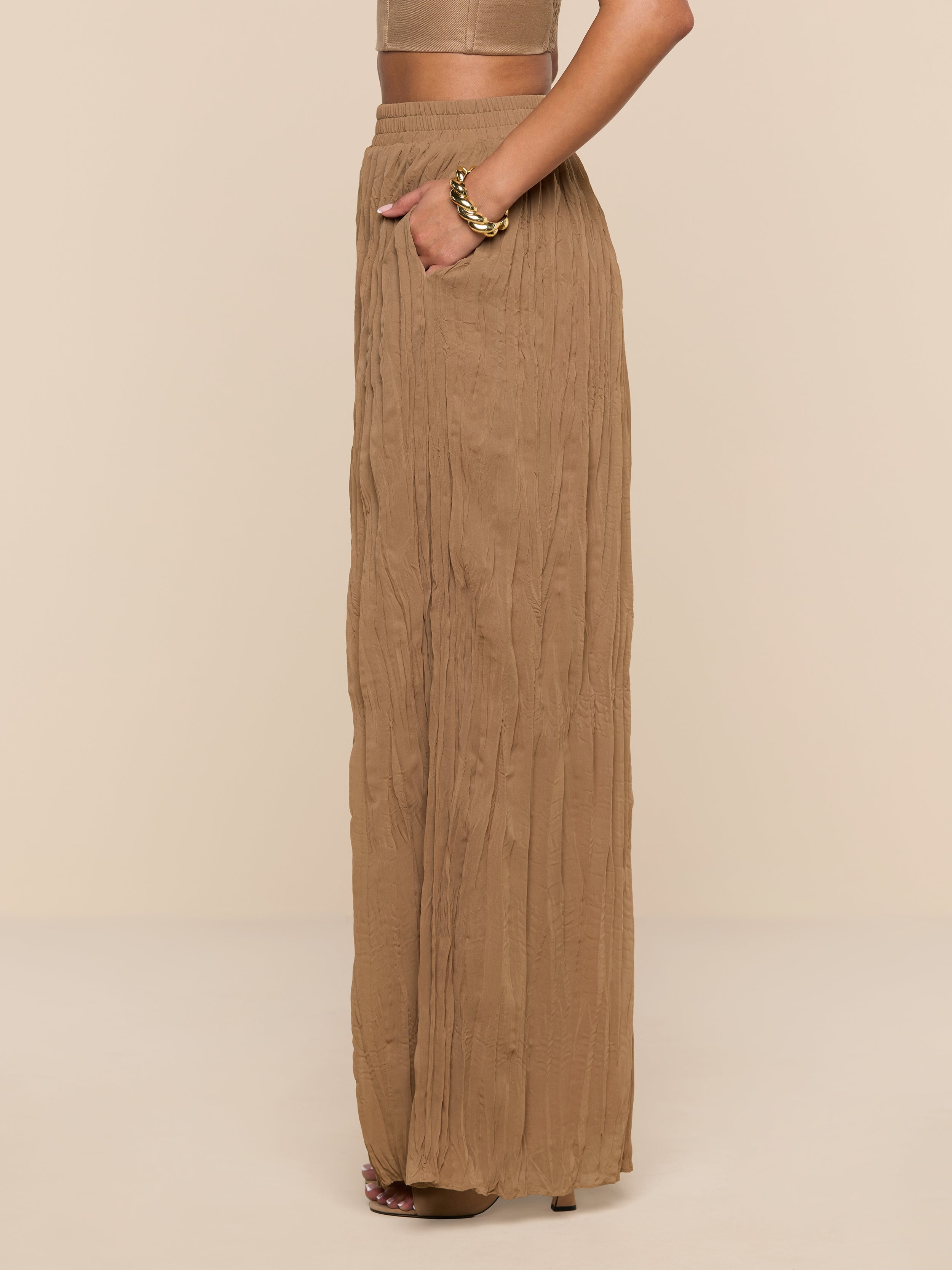 A person stands sideways with hands in pockets against a white background, wearing a tan crop top and the high-waisted, loose, sheer Ethel Pleated Pant.