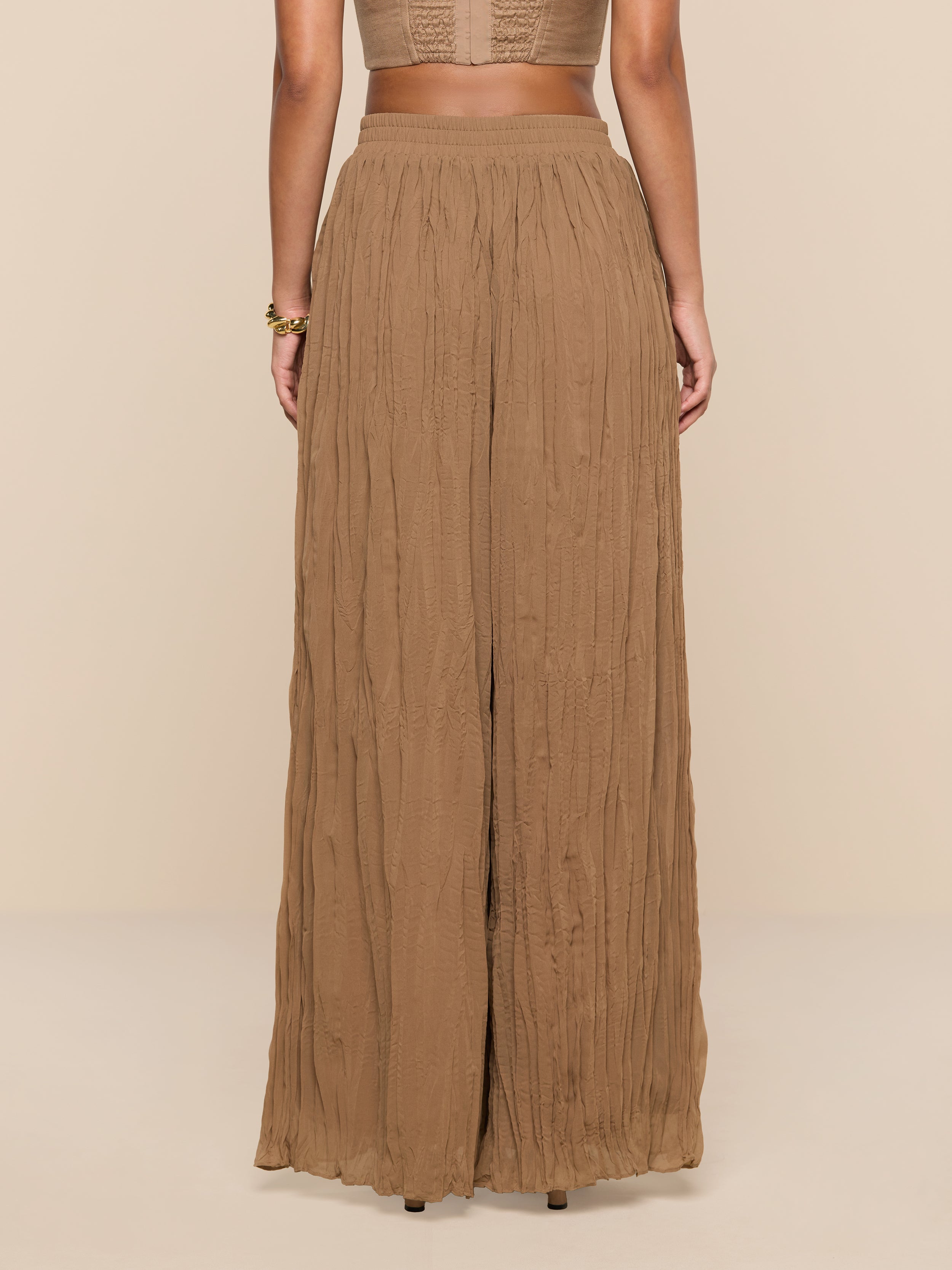A woman stands facing away, wearing the Ethel Pleated Pant—a loose, high-waisted style in light brown crinkle chiffon—and a sleeveless cropped top against a plain white background.