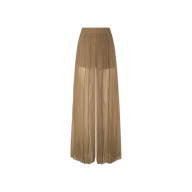 The Ethel Pleated Pant is a sheer, high-waisted, wide-leg vacation style in brown featuring an elastic waistband. Crafted from lightweight, flowy crinkle chiffon fabric, these pants offer partial transparency along the legs.