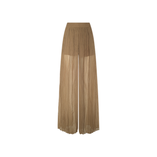The Ethel Pleated Pant features a sheer, light brown crinkle chiffon fabric with wide legs, an elastic waistband, and pleated detailing—ideal for vacation packing and shown against a plain white background.