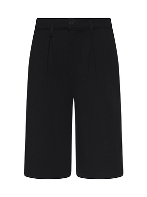The Akasha Bermuda Short features a black high-rise, knee-length silhouette with belt loops, a front button and zip closure, subtle pleats, and a straight fit. Made from stretch ponte for comfort and finished with a classic minimalist design.