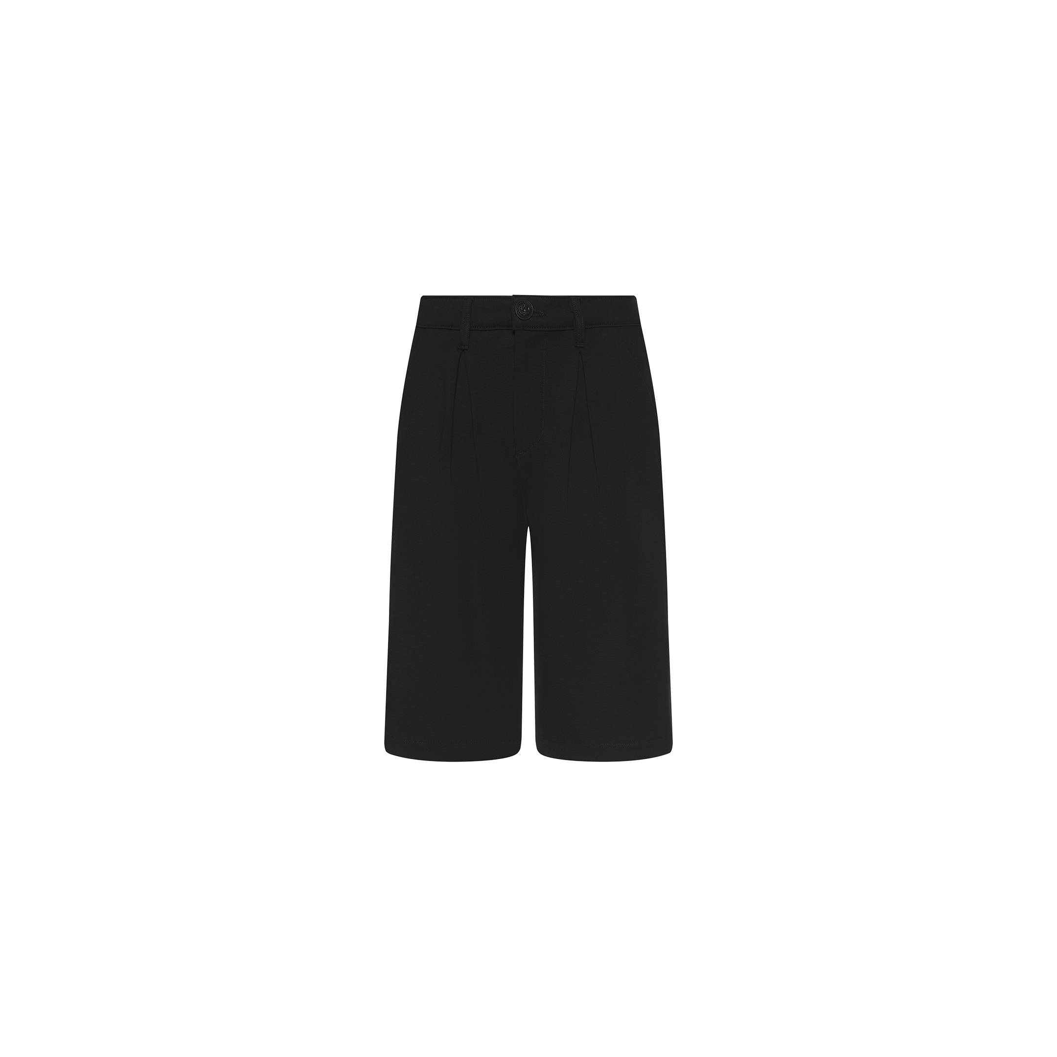 The Akasha Bermuda Short is a black, knee-length tailored style featuring a front button closure, belt loops, and a high-rise waist, crafted from stretch ponte fabric and displayed on a plain white background.