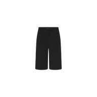 The Akasha Bermuda Short is a black, knee-length tailored style featuring a front button closure, belt loops, and a high-rise waist, crafted from stretch ponte fabric and displayed on a plain white background.