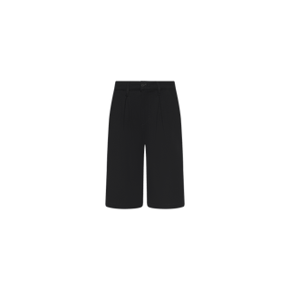 The Akasha Bermuda Short is a black, knee-length tailored piece featuring belt loops, front pleats, and a fitted high-rise waist crafted from stretch ponte fabric, shown against a plain white background.