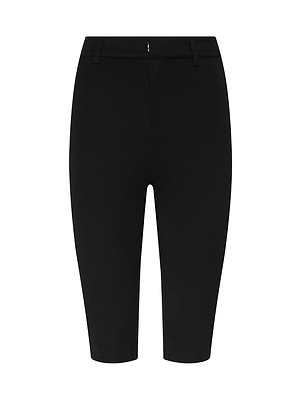 The Leni Pedal Pusher features black knee-length shorts with belt loops and a front zipper, crafted from stretch suit fabric and shown against a white background.