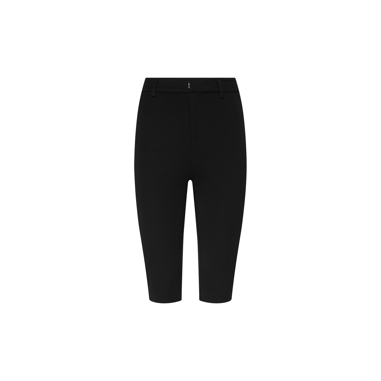 The Leni Pedal Pusher is a pair of black, knee-length tailored shorts featuring belt loops, a front zipper, and convenient side pockets. Crafted from stretch suiting fabric, these pedal pushers are displayed against a plain white background.