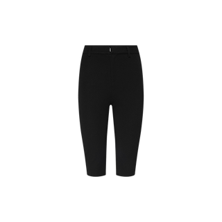 The Leni Pedal Pusher—black, knee-length tailored shorts made from stretch suit fabric with belt loops and a front zipper—are presented against a plain white background, ideal for anyone who loves the sleek style of pedal pushers.