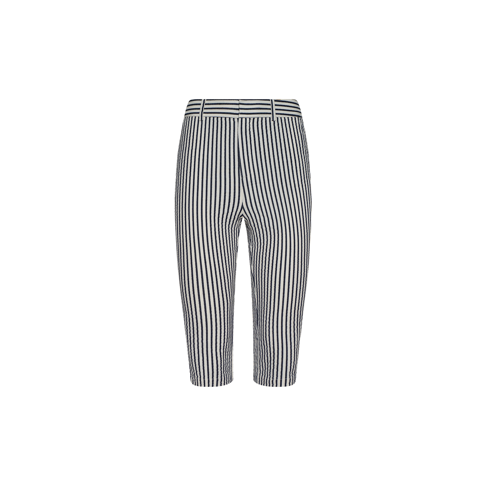 Leni Pedal Pusher: Black and white vertically striped cotton seersucker cropped pants featuring belt loops and a front zipper, displayed on a plain light background.