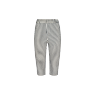Leni Pedal Pusher: Black and white vertically striped cotton seersucker cropped pants featuring belt loops and a front zipper, displayed on a plain light background.