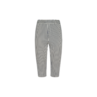 Leni Pedal Pusher: Black and white vertically striped cropped pants, crafted from soft cotton seersucker with belt loops and a front zipper, displayed on a plain white background.