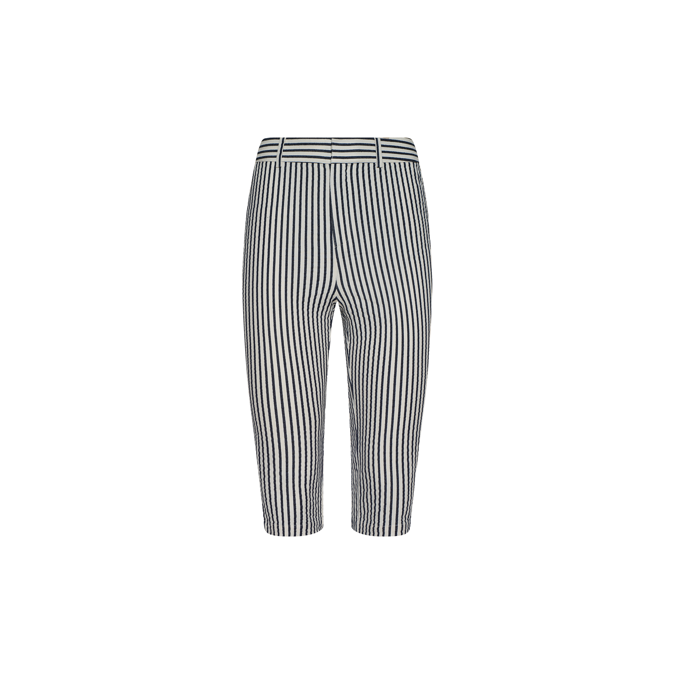 Leni Pedal Pusher: Black and white vertically striped cotton seersucker cropped pants featuring belt loops and a front zipper, displayed on a plain light background.