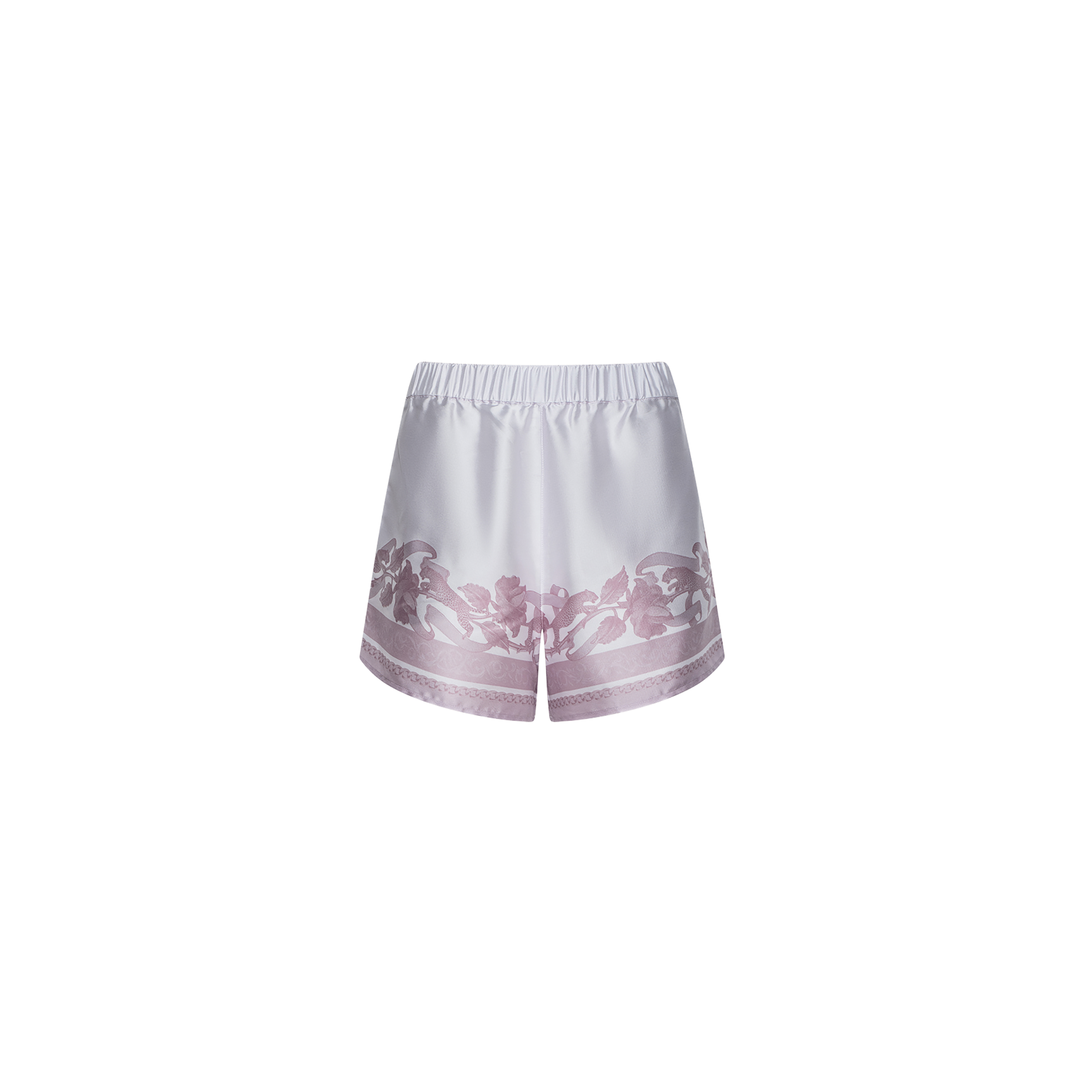 The Maela Short is a satin pull-on style with an elastic waistband, crafted in shiny white fabric and accented with a pink floral pattern along the hem, shown against a plain white background.