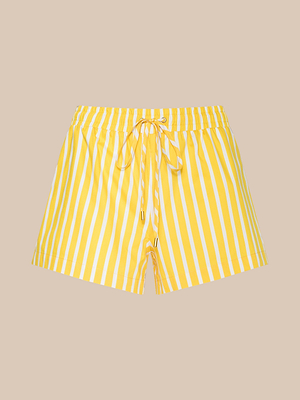 The Royce Poplin Short features yellow and white vertical stripes, an elastic waistband with a drawstring tie, and soft poplin fabric, shown against a plain beige background.