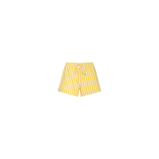 Introducing the Royce Poplin Short: crafted from soft poplin fabric, these pull-on shorts feature a yellow and white vertical stripe pattern and a comfortable waistband drawstring, shown against a plain white background.