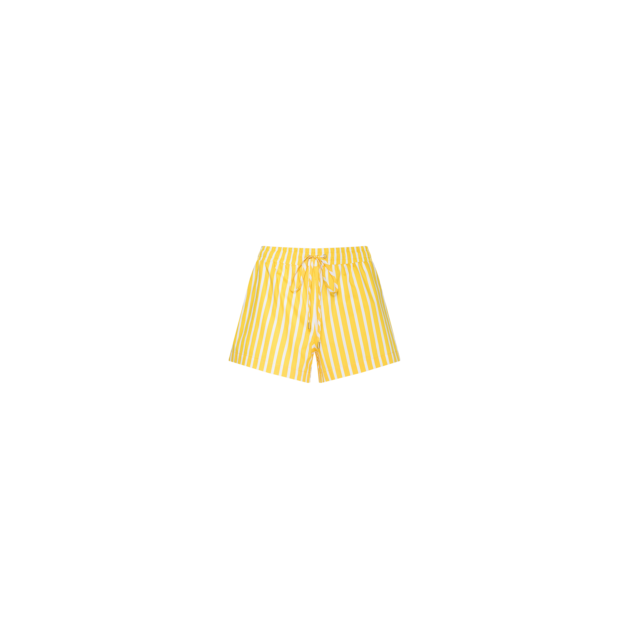 Royce Poplin Short in yellow and white vertical stripes, featuring a pull-on style with a drawstring waistband, shown on a plain white background.