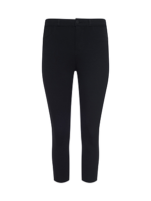 The Amaris Pedal Pusher is a pair of black, slim-fit ankle-length stretch ponte pants with a button and zip closure, belt loops, and front pockets, shown against a white background for a flattering fit.