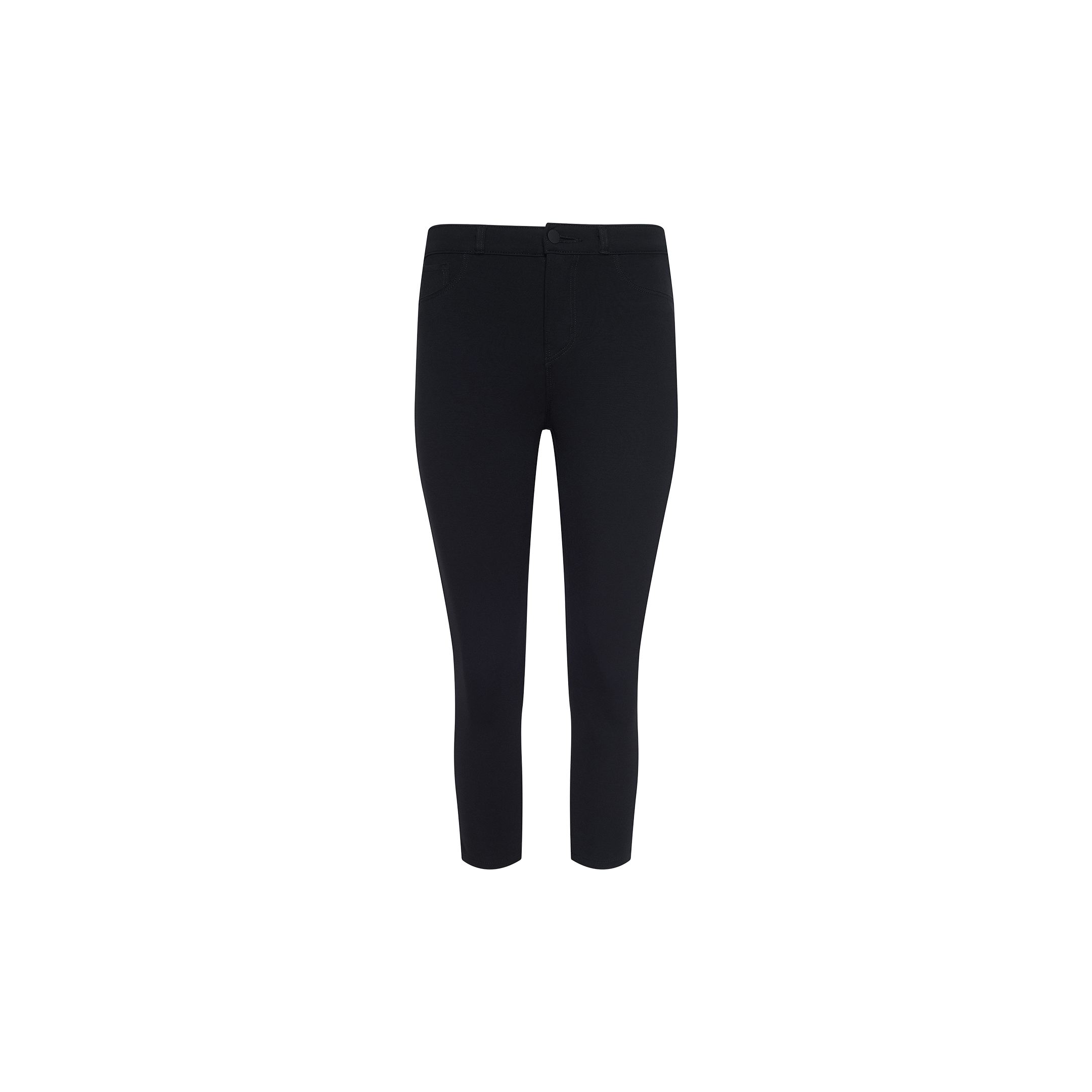 Amaris Pedal Pusher black slim-fit cropped pants, featuring a body-hugging silhouette, front button and zipper closure, and side pockets, displayed on a white background from the front.
