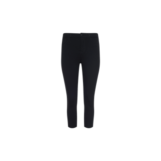 The Amaris Pedal Pusher, shown in a black, slim-fit, ankle-length design crafted from stretch fabric, is displayed on a plain white background with the front view highlighting its waistband, button, and pocket details.