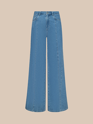 The Niles Wide-Leg Jean is a high-rise, wide-leg style in lightweight denim with center seam detail, front and back pockets, and button-zip closure, shown on a plain beige background.