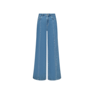 The Niles Wide-Leg Jean features a high-rise waist, front seam detailing, and a button closure, crafted from lightweight blue denim and displayed against a plain white background.