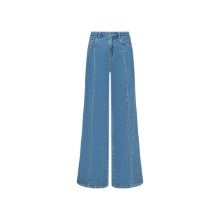 Displayed on a plain white background, the Niles Wide-Leg Jean features a high-rise waist, wide-leg silhouette in blue lightweight denim, front seams, belt loops, and a button closure at the waistband.
