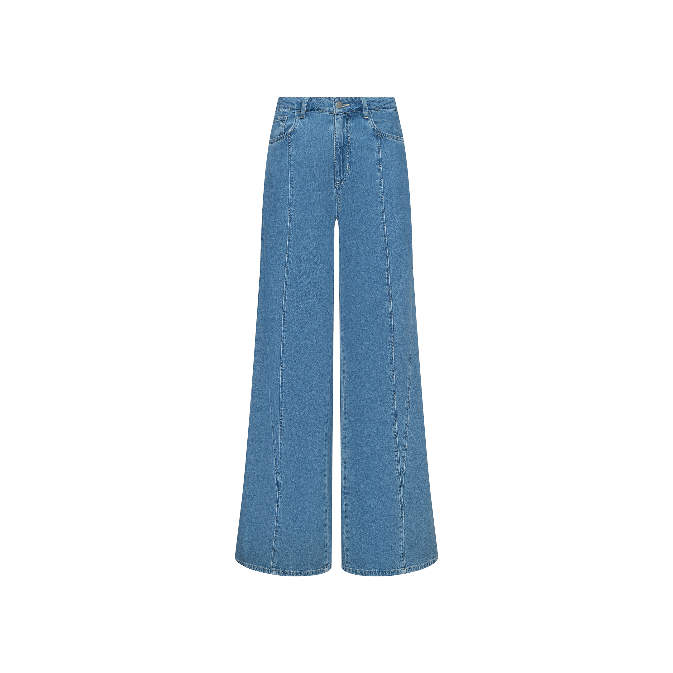The Niles Wide-Leg Jean features a high-rise waist, front seam detailing, and a button closure, crafted from lightweight blue denim and displayed against a plain white background.