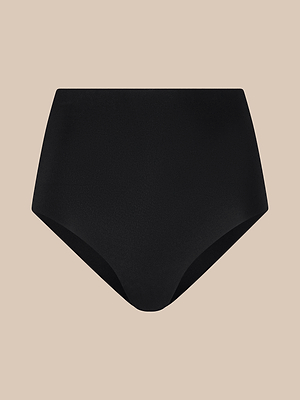 The Velle Knit Panty, a high-waisted black compression underwear, is showcased against a plain beige background.