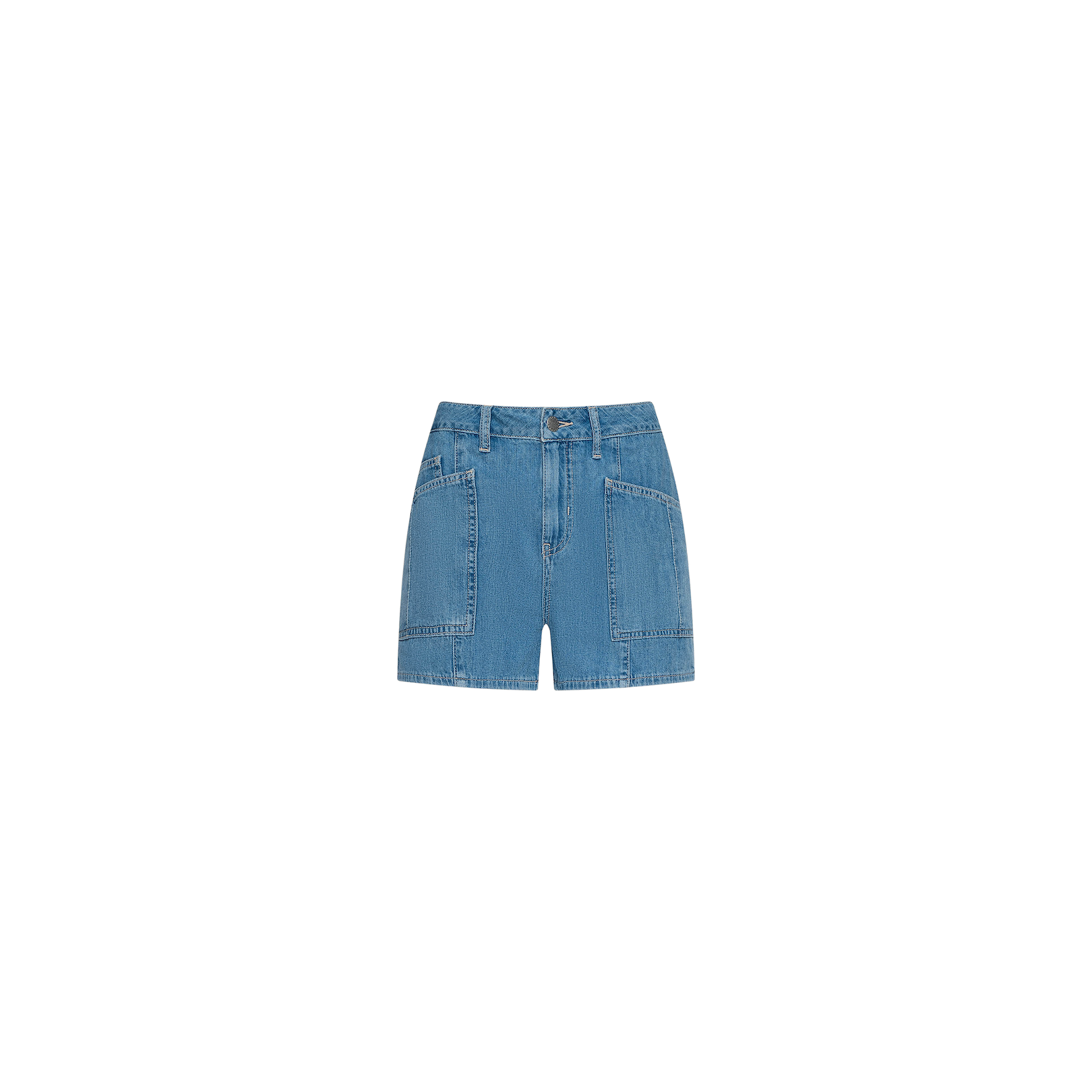 The Kyra Jean Short is a blue high rise denim short featuring front patch pockets, crafted from lightweight denim and displayed against a plain white background.