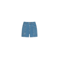 The Kyra Jean Short is a blue high rise denim short featuring front patch pockets, crafted from lightweight denim and displayed against a plain white background.