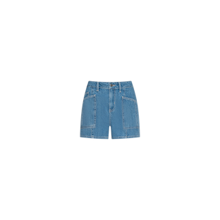 The Kyra Jean Short is a blue high rise denim short featuring front patch pockets, crafted from lightweight denim and displayed against a plain white background.
