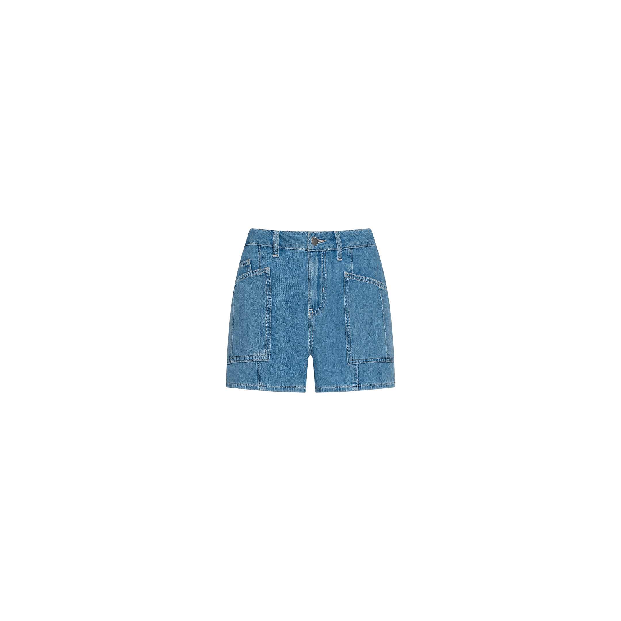 The Kyra Jean Short is a blue high rise denim short featuring front patch pockets, crafted from lightweight denim and displayed against a plain white background.