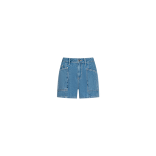 Kyra Jean Short in blue denim, featuring large front pockets and belt loops, crafted from lightweight denim and showcased against a plain white background.