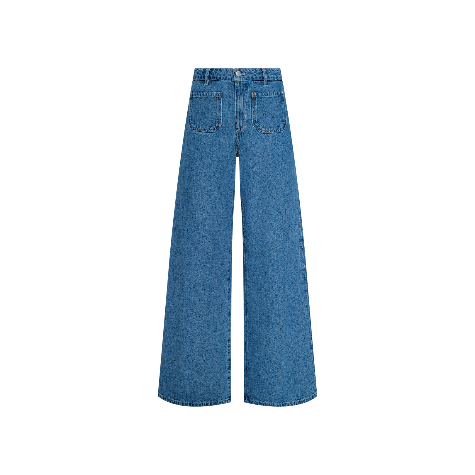 The Delcan Wide-Leg Jean, crafted from blue all-cotton denim, features a high rise, front and back pockets, and a button closure, and is displayed on a plain white background.