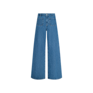 The Delcan Wide-Leg Jean, crafted from blue all-cotton denim, features a high rise, front and back pockets, and a button closure, and is displayed on a plain white background.