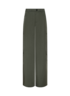 The Isolde Cargo Pant features a wide-leg, high-waisted design in olive green with side pockets and a button-zipper closure, inspired by Fall 2026 New York Fashion Week trends. Displayed against a white background.