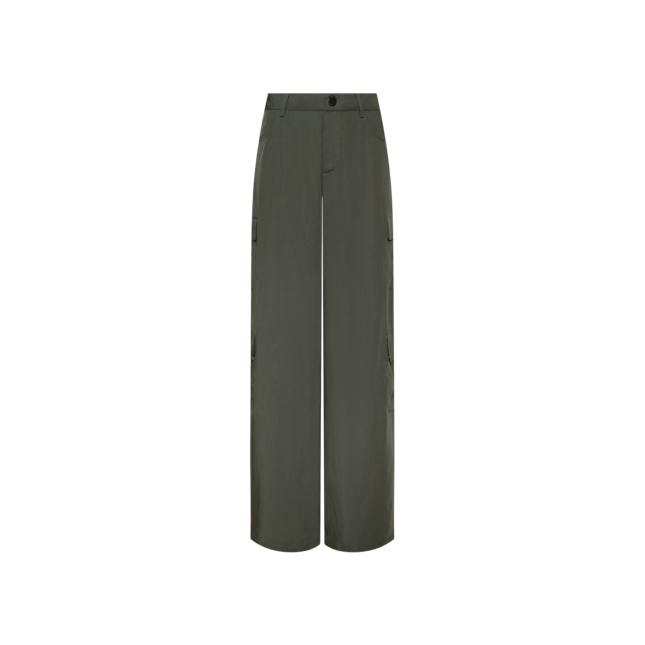 The Isolde Cargo Pant is featured in olive green tencel fabric with wide legs, side pockets, and a button-and-zipper closure, displayed on a plain white background.
