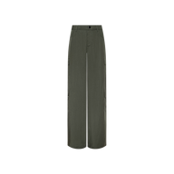 The Isolde Cargo Pant is featured in olive green tencel fabric with wide legs, side pockets, and a button-and-zipper closure, displayed on a plain white background.