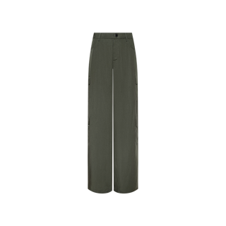 The Isolde Cargo Pant is a high-waisted, wide-leg cargo pant in dark olive green, crafted from lightweight tencel with side pockets and a button closure, displayed against a plain white background.