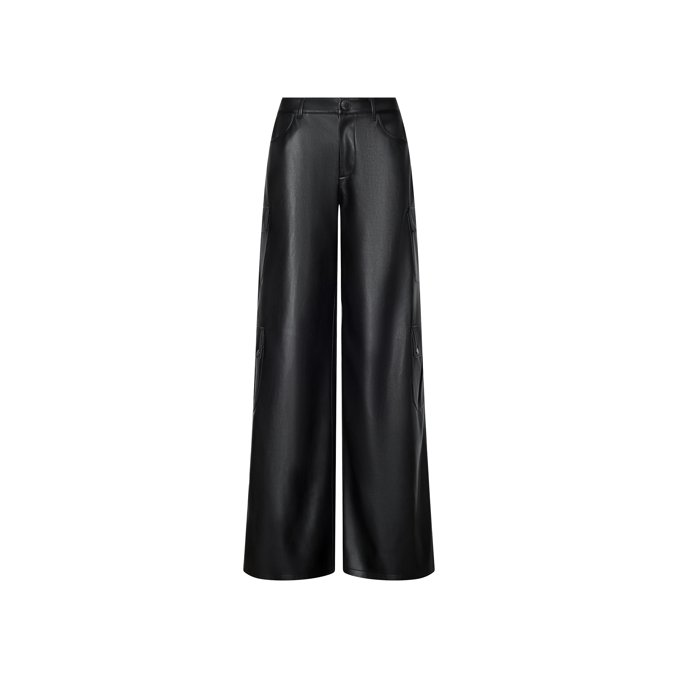 The Isolde Cargo Pant is a high-waisted, wide-leg vegan leather cargo pant featuring seam detailing and utility pockets, shown against a plain white background.