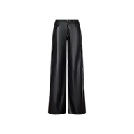 The Isolde Cargo Pant is a high-waisted, wide-leg vegan leather cargo pant featuring seam detailing and utility pockets, shown against a plain white background.