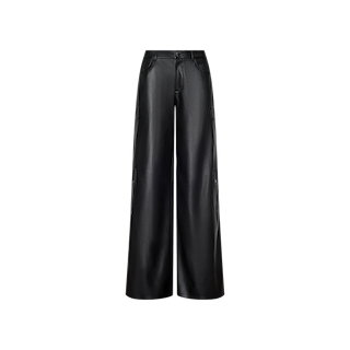 The Isolde Cargo Pant is a black vegan leather wide-leg pant featuring utility pockets, belt loops, and a high-waisted design, shown against a plain white background.