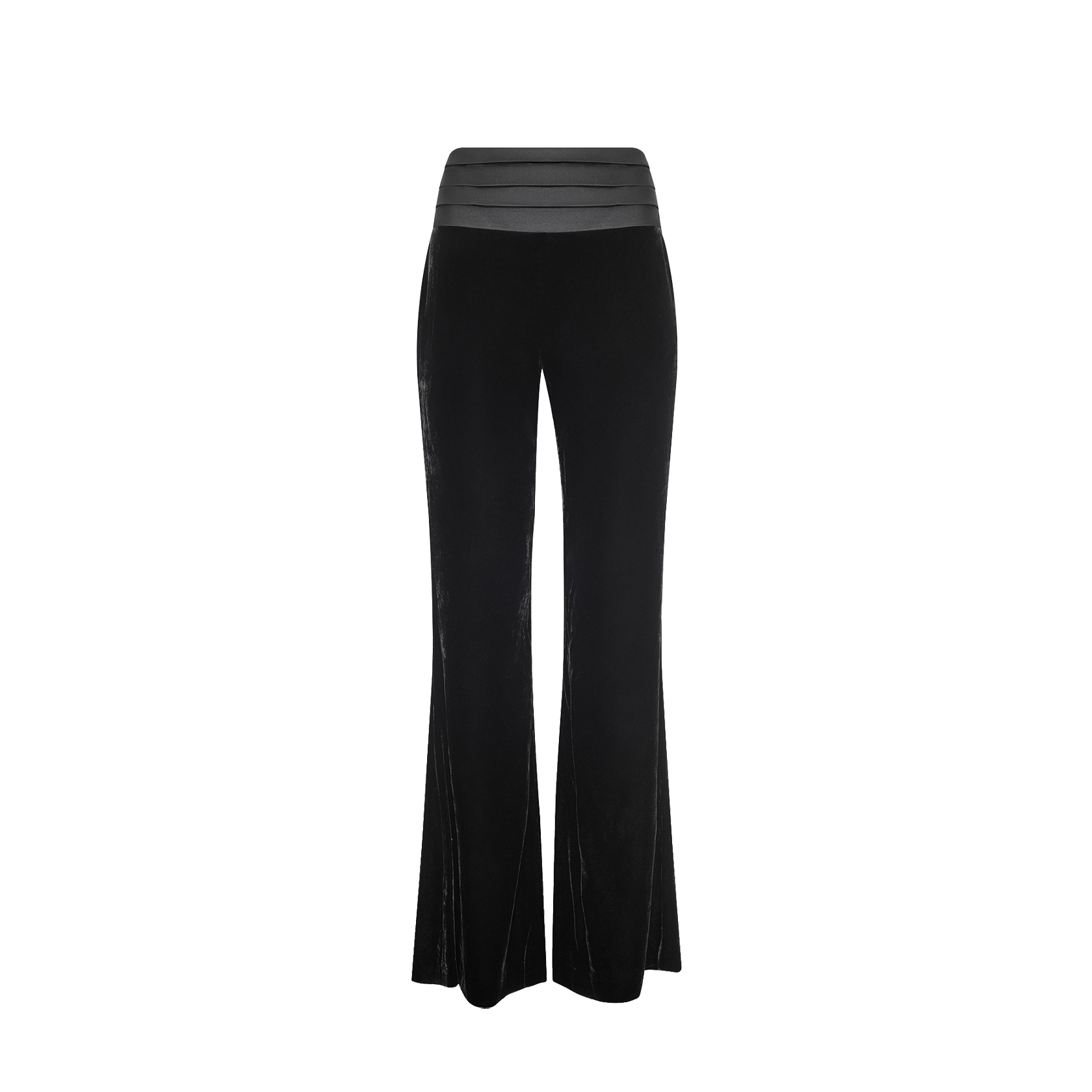 The Prudence Cummerbund Trouser is crafted from black velvet with a high waistband featuring horizontal pleat detailing. These flare pants showcase a smooth, sleek texture and a tuxedo-style finish, set against a plain white background.